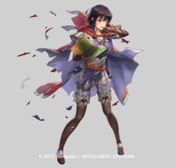 Rule 34 | 1girl, black hair, book, boots, bracelet, brown eyes, cape, company name, cuboon, fire emblem, fire emblem: thracia 776, fire emblem heroes, full body, gloves, grey background, injury, jewelry, necklace, official art, olwen (fire emblem), one eye closed, ryona, simple background, solo, teeth, torn clothes