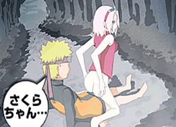 Rule 34 | 1boy, 1girl, animated, animated gif, artist request, ass, bare arms, bare shoulders, barefoot, blonde hair, blouse, bottomless, clothed sex, colored condom, condom, condom on penis, hair intakes, haruno sakura, hetero, lowres, naruto, naruto (series), outdoors, pale skin, penis, pink hair, pussy juice, reverse cowgirl position, sex, sex from behind, shirt, sleeveless, sleeveless shirt, speech bubble, spiked hair, straddling, text focus, uncensored, uzumaki naruto, vaginal