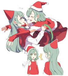Rule 34 | 2girls, :d, akni, bang dream!, blue hair, blush, braid, cape, christmas, closed mouth, commentary request, dress, elbow gloves, face-to-face, fingerless gloves, from behind, from side, gloves, green eyes, hair between eyes, hat, hikawa hina, hikawa sayo, holding, hug, long hair, long sleeves, looking at another, multiple girls, open mouth, red cape, red dress, red gloves, red headwear, red shirt, shirt, short hair, side braid, simple background, sleeveless, sleeveless dress, smile, sweat, upper body, white background, white shirt