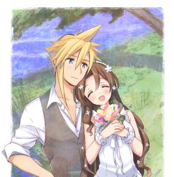 Rule 34 | 1boy, 1girl, aerith gainsborough, alternate costume, bare shoulders, blue eyes, blush, border, bouquet, breasts, closed eyes, cloud strife, collared shirt, dress, final fantasy, final fantasy vii, flower, grass, grey vest, hair between eyes, hair flower, hair ornament, hand on own hip, holding, holding bouquet, krudears, leaning on person, long hair, medium breasts, open mouth, outdoors, parted bangs, scrunchie, shirt, short hair, sidelocks, sleeveless, sleeveless dress, sleeves rolled up, smile, spiked hair, tree, vest, waistcoat, wavy hair, white border, white dress, white shirt, wrist scrunchie