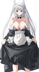 Rule 34 | 1girl, absurdres, antlers, apron, azur lane, bare shoulders, bow, bowtie, breasts, cleavage, closed mouth, clothes lift, collarbone, commission, detached collar, dlnk, feet out of frame, grey hair, halterneck, highres, horns, large breasts, long hair, long sleeves, looking at viewer, maid, maid headdress, pixiv commission, red eyes, shimanto (azur lane), simple background, skirt, skirt lift, smile, solo, straight-on, traditional bowtie, very long hair, waist apron, white background