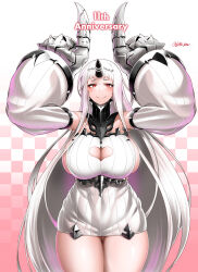 1girl abyssal_ship anniversary blush breasts cleavage_cutout clothing_cutout cowboy_shot detached_sleeves gauntlets highres horns huge_breasts kantai_collection long_hair looking_at_viewer red_eyes saizu_nitou_gunsou seaport_princess sideboob single_horn skindentation smile solo thigh_gap thighs very_long_hair white_hair