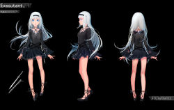 Rule 34 | 1girl, 2015, absurdres, bare legs, black background, black dress, blue eyes, blunt bangs, breasts, character sheet, choker, dated, dress, full body, hairband, highres, long hair, mary janes, multiple views, original, q9q, ribbon choker, shoes, short dress, silver hair, small breasts, wide sleeves