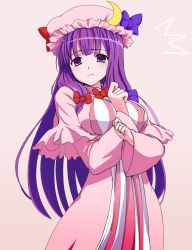 Rule 34 | 1girl, 2sox[black], ^^^, between breasts, blush, bow, breasts, crescent, female focus, hair bow, hat, highres, large breasts, long hair, patchouli knowledge, purple eyes, purple hair, ribbon, robe, simple background, solo, tears, touhou