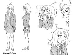Rule 34 | 1girl, ahoge, alarm clock, analog clock, awake-san, business suit, character name, character sheet, clock, coffee, coffee mug, constricted pupils, cup, disposable coffee cup, disposable cup, drinking, empty eyes, formal, greyscale, hatching (texture), high heels, highres, hypnohub, linear hatching, messy hair, monochrome, mug, multiple views, myuk, necktie, office lady, open mouth, original, saliva, short hair, sketch, standing, steam, suit, traditional media, turnaround