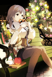 Rule 34 | 1girl, apple, bad id, bad pixiv id, book, braid, brown eyes, brown hair, candy, candy cane, christmas, christmas ornaments, christmas tree, cobblestone, eating, food, fruit, gingerbread man, hair over shoulder, highres, holding, holding food, koa tcbs, long hair, night, on bench, open mouth, original, outdoors, pantyhose, pencil skirt, plaid shawl, pretzel, shawl, sitting, skirt, smile, snowflake ornament, solo, sweater, turtleneck, turtleneck sweater, twin braids