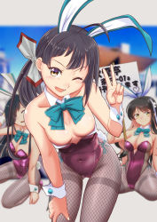 Rule 34 | 3girls, adapted costume, animal ears, black hair, blurry, bow, bowtie, breasts, commentary request, cowboy shot, depth of field, detached collar, downblouse, fake animal ears, fishnet legwear, fishnets, fujinami (kancolle), green neckwear, grey legwear, hair ribbon, hayashimo (kancolle), kantai collection, leaning forward, leotard, long hair, looking at viewer, moke ro, multiple girls, naganami (kancolle), one eye closed, pantyhose, playboy bunny, purple leotard, rabbit ears, ribbon, side ponytail, sign, small breasts, solo focus, strap slip, thighband pantyhose, tokyo big sight, white ribbon, wrist cuffs, yellow eyes