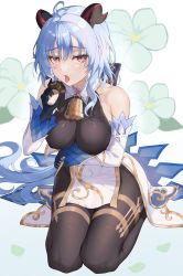 Rule 34 | 1girl, absurdres, ahoge, bare shoulders, bell, black gloves, black pantyhose, blue hair, breasts, detached sleeves, floral background, flower, ganyu (genshin impact), genshin impact, gloves, gold trim, highres, kind1516, long hair, looking at viewer, medium breasts, mushroom, neck bell, open mouth, pantyhose, purple eyes, qingxin flower, sidelocks, sitting, solo, thighlet, thighs, tongue, tongue out, wariza, white flower, white sleeves