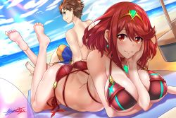 Rule 34 | 1boy, 1girl, ass, barefoot, beach, beach towel, beach umbrella, between breasts, bikini, blush, breasts, brown hair, butt crack, cleavage, day, hand on own face, highres, large breasts, looking at viewer, lying, nez-box, nintendo, ocean, on stomach, outdoors, pyra (xenoblade), red eyes, red hair, rex (xenoblade), short hair, smile, spiked hair, swimsuit, the pose, tiara, towel, umbrella, water, xenoblade chronicles (series), xenoblade chronicles 2, xenoblade chronicles (series), xenoblade chronicles 2