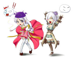 !, !!, 2girls, alternate color, animal print, arch bishop (ragnarok online), arms up, bangs, blush stickers, breasts, brown gloves, brown legwear, chinese commentary, cleavage, coat, commentary request, cross, cross-laced clothes, cross-laced top, deviling, dress, emoticon, eyebrows visible through hair, eyes closed, fingerless gloves, fishnet legwear, fishnets, frilled legwear, full body, fumiao, fur-trimmed skirt, fur trim, gloves, green coat, green skirt, high heels, jacket, juliet sleeves, kiseru, large breasts, leopard print, light purple hair, long hair, long sleeves, low-tied long hair, miniskirt, multiple girls, open mouth, smoking pipe, puffy sleeves, ragnarok online, red dress, sash, shadow chaser (ragnarok online), short hair, shrug (clothing), skirt, skirt flip, smile, thighhighs, white background, white hair, white jacket, white legwear, yellow sash