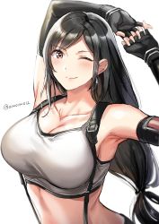 Rule 34 | 1girl, absurdres, armpits, arms up, black gloves, black hair, breasts, closed mouth, collarbone, commentary request, crop top, detached sleeves, elbow gloves, final fantasy, final fantasy vii, final fantasy vii remake, fingerless gloves, gloves, highres, interlocked fingers, kuguri oimo, large breasts, long hair, looking at viewer, low-tied long hair, midriff, one eye closed, parted bangs, red eyes, smile, solo, stretching, suspenders, swept bangs, tank top, tifa lockhart, twitter username, upper body, white background, white tank top