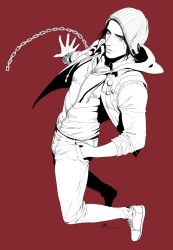 Rule 34 | 1boy, anderain, beanie, chain, delsin rowe, hand in pocket, hat, highres, hood, hoodie, infamous second son, jumping, male focus, monochrome, outstretched hand, red background, shoes, smile, sneakers, solo, wrist chain