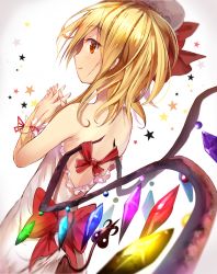 Rule 34 | 1girl, alternate costume, back, bare arms, bare shoulders, blonde hair, bow, demon girl, demon tail, dress, efe, flandre scarlet, hat, hat bow, laevatein, long hair, looking at viewer, looking back, mob cap, side ponytail, smile, solo, star (symbol), strapless, strapless dress, tail, touhou, very long hair, white dress, wings, wrist cuffs