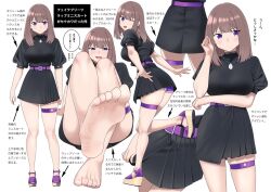 Rule 34 | 1girl, arm under breasts, barefoot, belt, black skirt, blunt bangs, breasts, brown hair, commentary request, feet, feet out of frame, foot focus, foot up, foreshortening, from side, full body, hand up, high-waist skirt, jewelry, knees together feet apart, knees up, kuro (toi et moi), large breasts, legs, looking at viewer, medium hair, miniskirt, multiple views, necklace, one eye closed, original, panties, pleated skirt, purple belt, purple eyes, purple panties, sandals, shiny skin, simple background, sitting, skindentation, skirt, standing, strappy heels, thigh strap, thighs, toenails, toes, translation request, underwear, white background