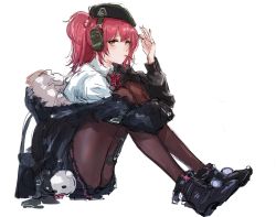Rule 34 | 1girl, black footwear, black hat, black jacket, black pantyhose, black skirt, boots, bow, bowtie, closed mouth, collar, collared shirt, food, full body, fur, fur trim, girls&#039; frontline, hair between eyes, hair ornament, hand in own hair, hat, headphones, headwear request, highres, hugging own legs, jacket, long sleeves, looking at viewer, medium hair, military jacket, mp7 (girls&#039; frontline), nail polish, nose, osakana (denpa yun&#039;yun), pantyhose, pink bow, pink bowtie, pink hair, pocky, ponytail, shirt, simple background, sitting, skirt, solo, thigh strap, white background, white fur, white shirt