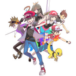 Rule 34 | 2girls, 4boys, absurdres, adapted costume, baseball cap, belt, blue oak, blue pants, boots, brown hair, charmander, chase (pokemon), commentary, creatures (company), elaine (pokemon), flame-tipped tail, game freak, gen 1 pokemon, green (pokemon), hair between eyes, hat, highres, hiro (user negm3832), holding, holding poke ball, holding sword, holding weapon, jacket, long hair, multiple boys, multiple girls, nintendo, open mouth, pants, poke ball, poke ball (basic), pokemon, pokemon (creature), pokemon lgpe, purple shirt, red (pokemon), red headwear, shirt, shoes, short hair, short sleeves, shorts, spiked hair, sword, teeth, tongue, trace (pokemon), upper teeth only, weapon