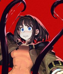 Rule 34 | 1girl, blue eyes, brown hair, commentary, headband, highres, jacket, jun (navigavi), medium hair, original, red background, sidelocks, solo, sticky, surprised, symbol-only commentary, tentacles, upper body, wide-eyed