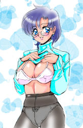Rule 34 | 1990s (style), 1girl, bishoujo senshi sailor moon, blush, bow, bow panties, bra, breasts, cleavage, clothes lift, covered erect nipples, female focus, glasses, large breasts, mizuno ami, panties, panties under pantyhose, pantyhose, retro artstyle, shirt lift, smile, solo, takeshi aono, underwear