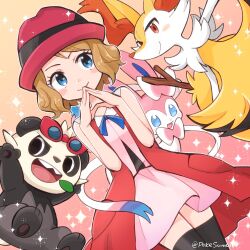 Rule 34 | 1girl, black thighhighs, blonde hair, blue eyes, blue ribbon, blush stickers, braixen, closed mouth, coat, commentary request, creatures (company), dress, eyelashes, game freak, gen 6 pokemon, gradient background, hands up, hat, highres, neck ribbon, nintendo, open clothes, open coat, outline, own hands together, pancham, pink dress, pink headwear, pokemon, pokemon (anime), pokemon (creature), pokemon xy (anime), pokesumomo, red coat, ribbon, serena (pokemon), sleeveless, sleeveless coat, smile, sparkle, steepled fingers, sylveon, thighhighs, twitter username, watermark