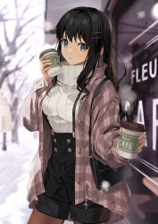 Rule 34 | 1girl, :o, bag, billboard, black bag, black hair, black overalls, blue eyes, blurry, blurry background, blush, breasts, brown pantyhose, bus stop, buttons, coffee cup, cup, disposable cup, double-breasted, hair between eyes, hair ornament, hairclip, hand up, high collar, holding, holding cup, jacket, large breasts, long hair, long sleeves, looking at viewer, motto (night wear), open clothes, open jacket, original, outdoors, outstretched arm, overalls, pantyhose, parted lips, pink jacket, plaid, plaid jacket, sidelocks, snow, solo, standing, steam, sweater, tree, white sweater, winter, winter clothes