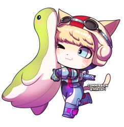 Rule 34 | 1girl, :3, animal ears, animification, apex legends, blonde hair, blue bodysuit, blue eyes, blue gloves, blush, bodysuit, cat ears, cat girl, cat tail, chibi, commission, facial scar, furrification, furry, furry female, gloves, goggles, goggles on headwear, helmet, highres, nessie (respawn), official alternate costume, one eye closed, pipa (1pgjsf1), scar, scar on cheek, scar on face, simple background, smile, solo, stuffed toy, tail, wattson (apex legends), white background, white headwear, wired for speed wattson