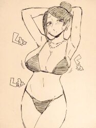 Rule 34 | arched back, armpits, arms behind head, asymmetrical bangs, bad tag, bare shoulders, bijin onna joushi takizawa-san, bikini, black hair, blush, bouncing breasts, breasts, cleavage, cleft of venus, collarbone, crossed legs, earrings, hair bun, japanese text, jewelry, large breasts, long bangs, looking to the side, mole, mole under mouth, navel, necklace, parted bangs, pen (medium), sagging breasts, sound effects, standing, sweat, sweatdrop, swimsuit, takizawa kyouko, traditional media, wide hips, yan-baru