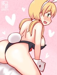 Rule 34 | 1girl, animal ears, artist logo, ass, bare shoulders, between breasts, black leotard, blonde hair, blue eyes, blush, breasts, detached collar, embarrassed, fake animal ears, gradient background, hair ornament, heart, kanon (kurogane knights), kantai collection, large breasts, leotard, long hair, looking at viewer, low twintails, necktie, necktie between breasts, one-hour drawing challenge, open mouth, pink background, playboy bunny, prinz eugen (kancolle), rabbit ears, rabbit tail, sitting, solo, strapless, strapless leotard, tail, twintails, wrist cuffs