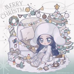 Rule 34 | 1girl, absurdres, animification, beanie, black eyes, black hair, blush, boots, bow, chibi, christmas, christmas ornaments, coffee, cropped sweater, cup, food, gift, grey bow, grey hat, grey sweater, hat, highres, looking at viewer, marshmallow, maya (xg), merry christmas, mug, o bianyi didi shu o, photo (object), polaroid, real life, red lips, sitting, smile, solo, sweater, white footwear, xg (group)