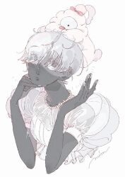 Rule 34 | 1other, artist name, black skin, bow, cairngorm (houseki no kuni), closed mouth, colored skin, creature on head, cropped torso, dog, eyes visible through hair, hair over eyes, hands up, houseki no kuni, lips, looking at viewer, minmim, one-eyed, puckered lips, puffy short sleeves, puffy sleeves, red bow, see-through, see-through sleeves, shiro (houseki no kuni), short sleeves, signature, simple background, sparkle, spoilers, tongue, tongue out, upper body, white background, white nails