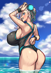 Rule 34 | 1girl, absurdres, arm behind back, arm up, ass, back, bare shoulders, beach, black one-piece swimsuit, blue eyes, blue one-piece swimsuit, blush, breasts, bun cover, competition swimsuit, fate/grand order, fate (series), grin, hair bun, hair ribbon, highres, huge breasts, long hair, looking at viewer, looking back, miyamoto musashi (fate), miyamoto musashi (fate/grand order), miyamoto musashi (swimsuit berserker) (fate), miyamoto musashi (swimsuit berserker) (first ascension) (fate), nikuatsu magician shinbo, ocean, one-piece swimsuit, pink hair, ribbon, side bun, sideboob, single hair bun, single side bun, smile, solo, swept bangs, swimsuit, two-tone swimsuit, wading, wet, wristband