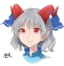 Rule 34 | 1girl, commentary request, curly hair, dress, gloves, grey gloves, highres, horn ornament, horn ribbon, horns, medium hair, otomeza ryuseigun, pointy ears, rectangular pupils, red eyes, red horns, ribbon, sheep horns, simple background, smile, solo, touhou, toutetsu yuuma, translation request, unfinished dream of all living ghost, white background