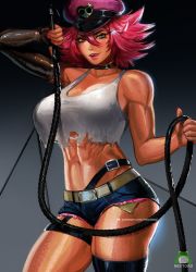 Rule 34 | 1girl, abs, bare shoulders, belt, black choker, black gloves, blue eyes, breasts, capcom, choker, crop top, cutoffs, denim, denim shorts, elbow gloves, final fight, fingerless gloves, garter straps, gloves, gradient background, large breasts, looking at viewer, midriff, muscular, muscular female, nextoad, patreon username, pink hair, poison (final fight), shorts, simple background, single elbow glove, single fingerless glove, single garter strap, single thighhigh, solo, spiked hair, strap gap, street fighter, tank top, thick thighs, thighhighs, thighs, tongue, tongue out, torn clothes, torn tank top, watermark, whip