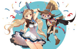 1girl 1other :3 adjusting_clothes adjusting_headwear ahoge animal_ear_hood animal_ears arm_up black_gloves blonde_hair blue_background blunt_bangs bowing brown_eyes cape closed_mouth confetti cowboy_shot dated_commentary dress easu_(park_jihye) fake_animal_ears frilled_dress frills gloves grin hand_on_own_head hand_up hat high-low_skirt highres hood hood_up long_hair looking_at_viewer midair monster official_art outline peria_chronicles rabbit_ears scarecrow smile straw_hat streamers swept_bangs tareme thighs top_hat torn_cape torn_clothes twintails wavy_hair white_background white_dress white_outline yellow_hat