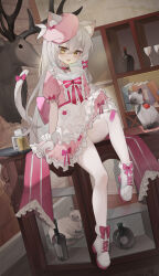 Rule 34 | 1girl, absurdres, alcohol, animal ear fluff, animal ears, blush, book, bookshelf, bottle, bow, cat, cat ears, cat girl, cat tail, child, choker, cup, dress, drinking glass, extra ears, fang, flower, frilled choker, frills, highres, kele mimi, long hair, looking at viewer, object on head, open mouth, original, panties, panties on head, pantyhose, pink bow, pink panties, red flower, red rose, rose, solo, tail, tail bow, tail ornament, tail raised, underwear, white dress, white hair, white pantyhose, wine glass, yellow eyes