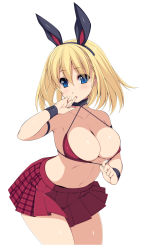 Rule 34 | 1girl, absurdres, animal ears, bikini, bikini top only, blonde hair, blue eyes, blush, bra, bra pull, breasts, cleavage, clothes pull, cowboy shot, fake animal ears, finger to mouth, highres, kinoshita ichi, large breasts, lips, looking at viewer, original, rabbit ears, short hair, simple background, skirt, solo, swimsuit, underwear, white background