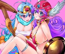 Rule 34 | 2girls, angry, armor, bikini armor, blue hair, blush, breasts, chunsoft, cleavage, dragon quest, dragon quest iii, earrings, elbow gloves, enix, gloves, helmet, huge breasts, jewelry, legs, long hair, looking at viewer, multiple girls, open mouth, red armor, sage (dq3), shield, shoulder pads, simple background, soldier (dq3), staff, thigh strap, thighs, tori kaku, weapon