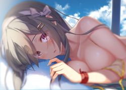 Rule 34 | 1girl, alternate costume, bikini, blue sky, blurry, blush, breasts, brown eyes, cleavage, collarbone, day, depth of field, eyes visible through hair, grey hair, hair ornament, hairband, hairclip, haruna (kancolle), highres, kantai collection, large breasts, long hair, looking at viewer, lying, mafuyun, on side, open mouth, outdoors, shade, sidelocks, sky, smile, solo, swimsuit, topless, untied bikini, white hairband, wristband