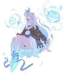 Rule 34 | 1girl, ankle flower, asymmetrical horns, bandaged foot, bandages, black capelet, blue eyes, blue skin, bound ankles, breasts, capelet, cleavage, closed mouth, colored eyelashes, colored inner hair, colored skin, cracked skin, enkyo yuuichirou, flower, full body, hair between eyes, heterochromia, horns, long hair, looking at viewer, medium breasts, mismatched eyelashes, multicolored hair, multicolored skin, original, red eyes, rose, solo, two-tone skin, white flower, white hair, white rose