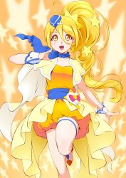 Rule 34 | 1girl, :d, bare legs, blonde hair, blue hat, blue scarf, capelet, cowboy shot, cure etoile, dress, earrings, garrison cap, hair ornament, hat, highres, hugtto! precure, jewelry, kagayaki homare, long hair, looking at viewer, magical girl, mattsua, open mouth, orange background, orange dress, orange eyes, orange footwear, precure, scarf, shoes, short dress, side ponytail, smile, solo, standing, standing on one leg, star (symbol), star earrings, star hair ornament, starry background, wrist cuffs