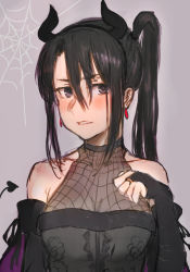 Rule 34 | 1girl, alternate costume, black hair, blush, breasts, bridal gauntlets, detached sleeves, earrings, fishnets, grey background, hair between eyes, halloween, halloween costume, highres, jewelry, kantai collection, long hair, looking at viewer, medium breasts, moor, nachi (kancolle), parted lips, ponytail, silk, simple background, solo, spider web, upper body, very long hair