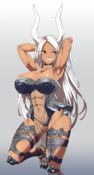 Rule 34 | 1girl, abs, absurdres, animal ears, arm up, armpits, arms behind head, bare shoulders, boku no hero academia, breasts, cleavage, clothing cutout, cosplay, crossover, dark-skinned female, dark skin, ears through headwear, eyelashes, female focus, final fantasy, final fantasy xii, fingernails, fran (ff12), fran (ff12) (cosplay), grey background, grey choker, grin, highleg, highres, large breasts, long hair, mirko, muscular, muscular female, navel, parted bangs, pelvic curtain, rabbit ears, rabbit girl, red eyes, revealing clothes, see-through, simple background, smile, solo, standing, standing on one leg, thighs, torahime (roland00), white hair