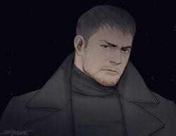 Rule 34 | 1boy, beard, black coat, black shirt, brown hair, chris redfield, coat, collared coat, facial hair, frown, looking at viewer, lowres, male focus, mature male, portrait, resident evil, sardine (kjr0313), shirt, short hair, sideburns, solo, stubble, thick eyebrows, turtleneck, upper body
