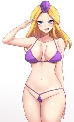 Rule 34 | 1girl, absurdres, advance wars, bikini, blonde hair, blue eyes, blush, breasts, collarbone, hat, highres, intelligent systems, long hair, looking at viewer, medium breasts, micro bikini, military, military hat, mistynight, mole, mole under eye, navel, nell (advance wars), nintendo, open mouth, parted bangs, purple bikini, purple hat, salute, simple background, skindentation, solo, string bikini, swimsuit, thighs, wayforward, white background