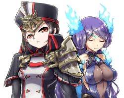 Rule 34 | 2girls, armor, bad id, bad twitter id, black hair, breasts, brighid (xenoblade), brown eyes, collarbone, closed eyes, fire, gloves, hat, large breasts, long hair, medium breasts, military, military hat, military uniform, morag ladair (xenoblade), multiple girls, nintendo, parted lips, pauldrons, purple hair, reverse trap, shoulder armor, simple background, smile, tavn, uniform, xenoblade chronicles (series), xenoblade chronicles 2