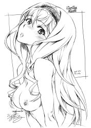 Rule 34 | 10s, 1girl, blush, breasts, cecilia alcott, character name, dated, drill hair, greyscale, hairband, infinite stratos, long hair, medium breasts, monochrome, nipples, nude, open mouth, signature, solo, text focus, twin drills, twintails, typo, yoshijima ataru
