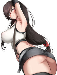 Rule 34 | 1girl, arm up, armpits, ass, belt, black skirt, black thighhighs, blush, breasts, brown hair, closed mouth, crop top, female focus, final fantasy, final fantasy vii, from behind, from below, happy, highres, hyuuman, large breasts, long hair, looking at viewer, looking back, midriff, miniskirt, pencil skirt, ponytail, red eyes, scrunchie, shiny skin, shirt, simple background, skirt, sleeveless, sleeveless shirt, smile, solo, standing, suspenders, thighhighs, tifa lockhart, undershirt, white background, white shirt