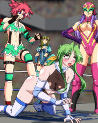 Rule 34 | 4girls, ahegao, blonde hair, boots, breasts, cleavage, cleavage cutout, clothing cutout, elbow pads, fingerless gloves, gloves, green hair, grin, hands on own hips, kicking, knee pads, kneeling, large breasts, leotard, maid headdress, mask, multiple girls, noppo-san, o-ring, oozora migiri, purple eyes, purple hair, red hair, sa-ki, sakurai chisato, smile, succubus manabe, thigh boots, thighhighs, thighs, wrestle angels, wrestle angels survivor, wrestle angels survivor 2, wrestling outfit, wrestling ring, yellow eyes