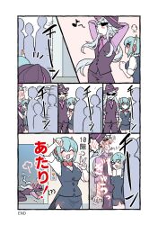 Rule 34 | &gt; &lt;, 1boy, 1girl, arms behind head, blue hair, blush, breast press, clenched hand, commentary request, elevator, grey hair, hat, hetero, highres, inkamuko, kura sushi, long hair, lying, o3o, on ground, on stomach, people, red eyes, short hair, sunglasses, translation request, v, vest, waruiman, whistle, xxxkoineko