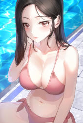Rule 34 | 1girl, bare arms, bare shoulders, bikini, black hair, blush, breasts, cleavage, closed mouth, collarbone, commentary request, forehead, hand up, highres, kfr, large breasts, long hair, looking at viewer, mole, mole under eye, navel, on floor, original, pink bikini, pink lips, pink ribbon, pool, poolside, red eyes, ribbon, side-tie bikini bottom, sitting, smile, solo, stomach, swimsuit, tile floor, tiles, water, wet