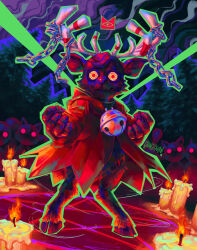 Rule 34 | artist name, bell, candle, chain, commentary, cult of the lamb, english commentary, fire, furry, gloves, glowing, glowing eyes, grungesniper, highres, hooves, horns, jingle bell, lamb, looking at viewer, pentagram, red eyes, ringed eyes, sheep, smoke, standing, summoning, the lamb (cult of the lamb), tree